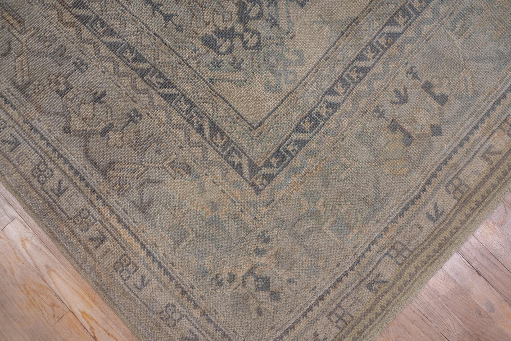 14' x 19' one-of-a-kind handmade antique Oushak oversize rug. Color palette: taupe, ivory, beige, camel, slate, greige, gray