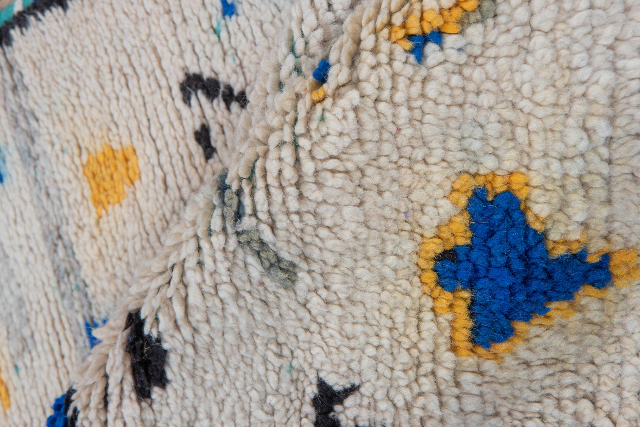 2' x 6' one-of-a-kind handmade vintage Moroccan runner rug. Color palette: ivory, charcoal, cobalt, gray, saffron, teal