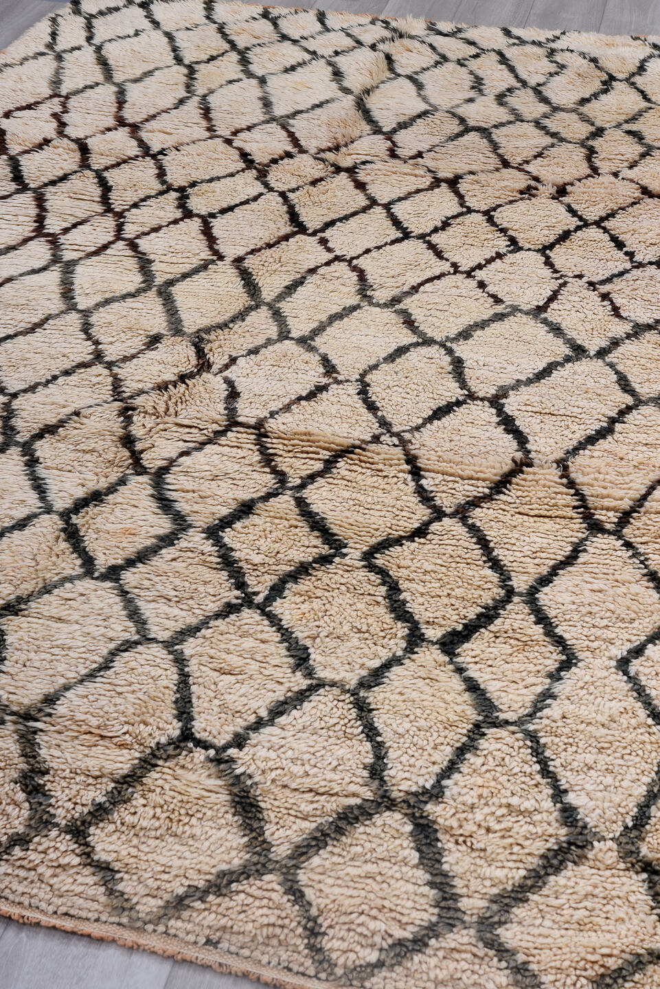 6' x 9' one-of-a-kind handmade vintage Moroccan medium size rug. Color palette: ivory, charcoal, rust, taupe, gray, black