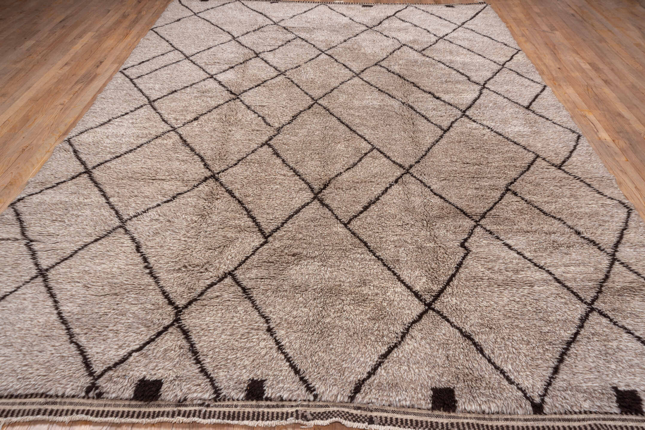 8' x 12' one-of-a-kind handmade vintage Moroccan large size rug. Color palette: brown, gray, light gray, off-white, pink