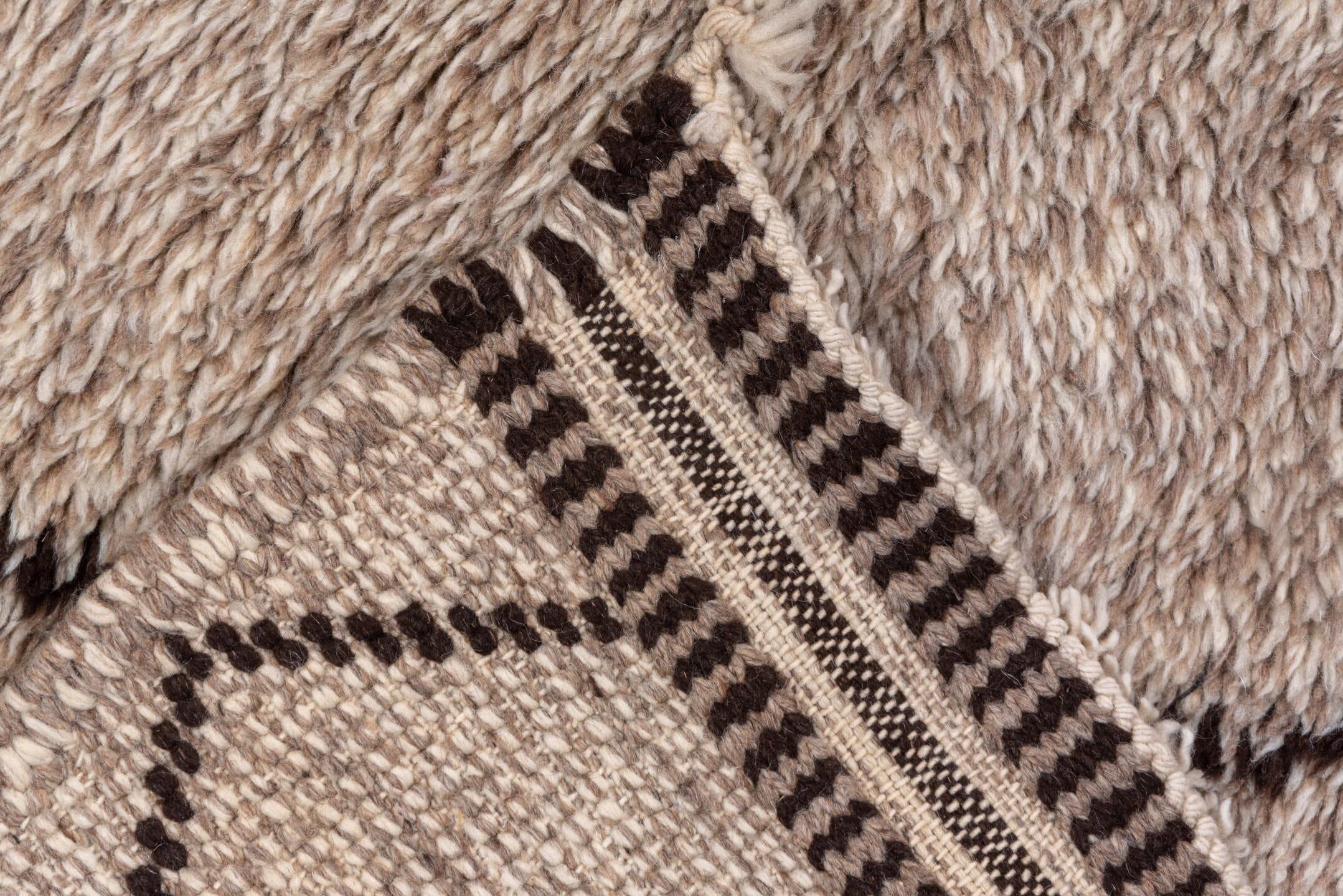 8' x 12' one-of-a-kind handmade vintage Moroccan large size rug. Color palette: ivory, taupe, brown, charcoal, beige, gray