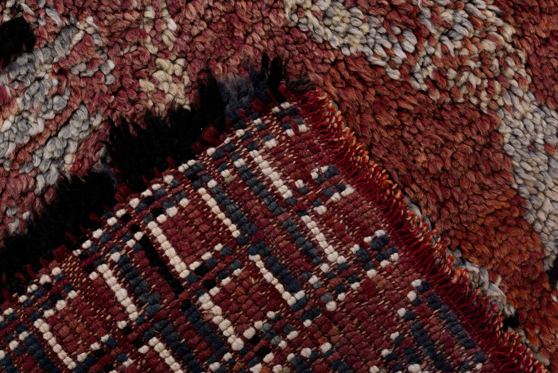 6' x 9' one-of-a-kind handmade vintage Moroccan medium size rug. Color palette: rose, burgundy, charcoal, ivory, rust