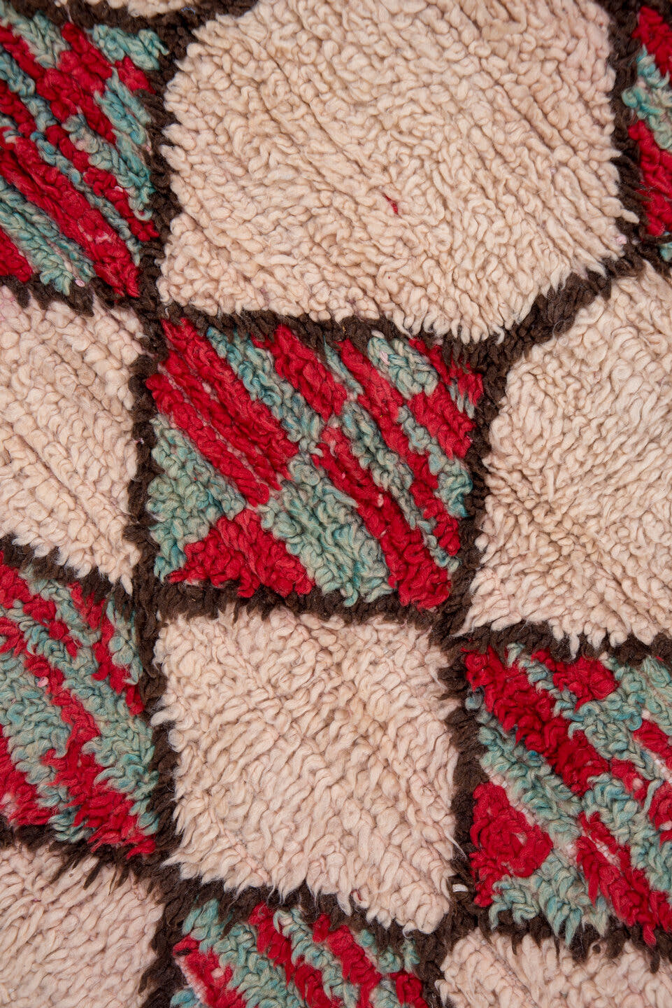 5' x 8' one-of-a-kind handmade vintage Moroccan medium size rug. Color palette: ivory, crimson, charcoal, sage, blush, red