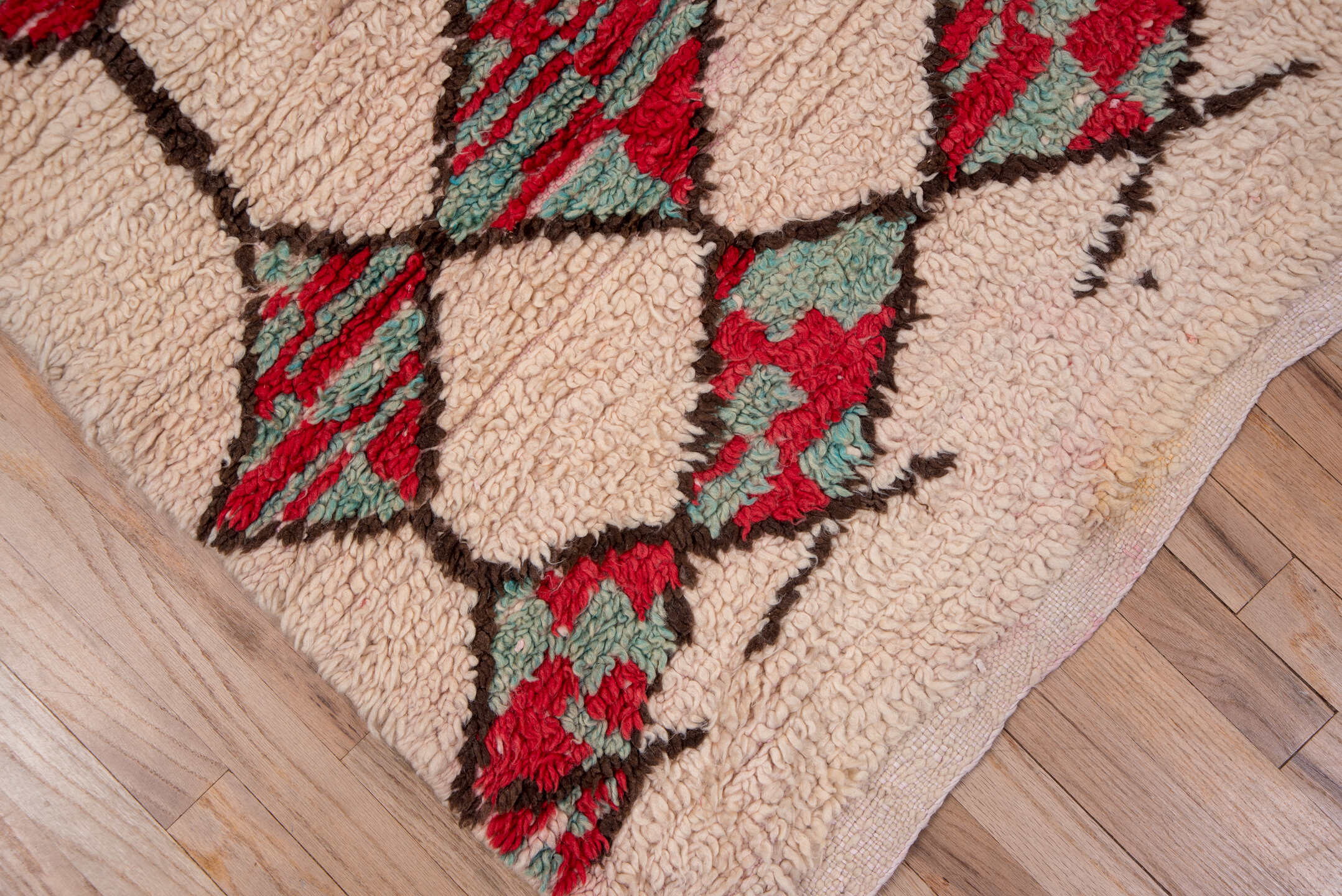 5' x 8' one-of-a-kind handmade vintage Moroccan medium size rug. Color palette: ivory, crimson, charcoal, sage, blush, red