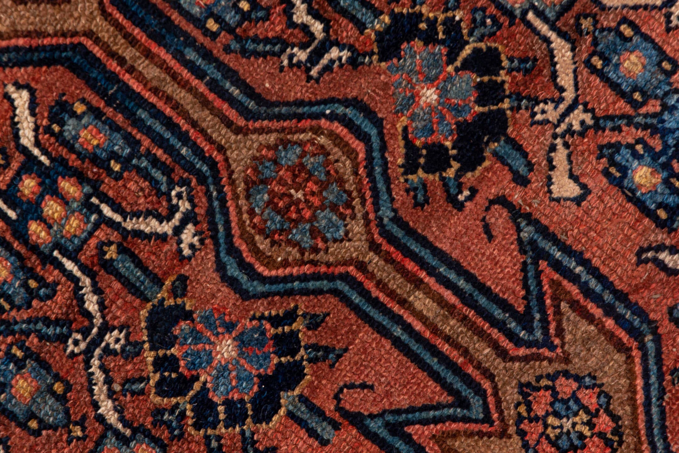 12' x 21' one-of-a-kind handmade antique Bibikabad oversize rug. Color palette: rust, navy, ivory, camel, terra cotta, slate
