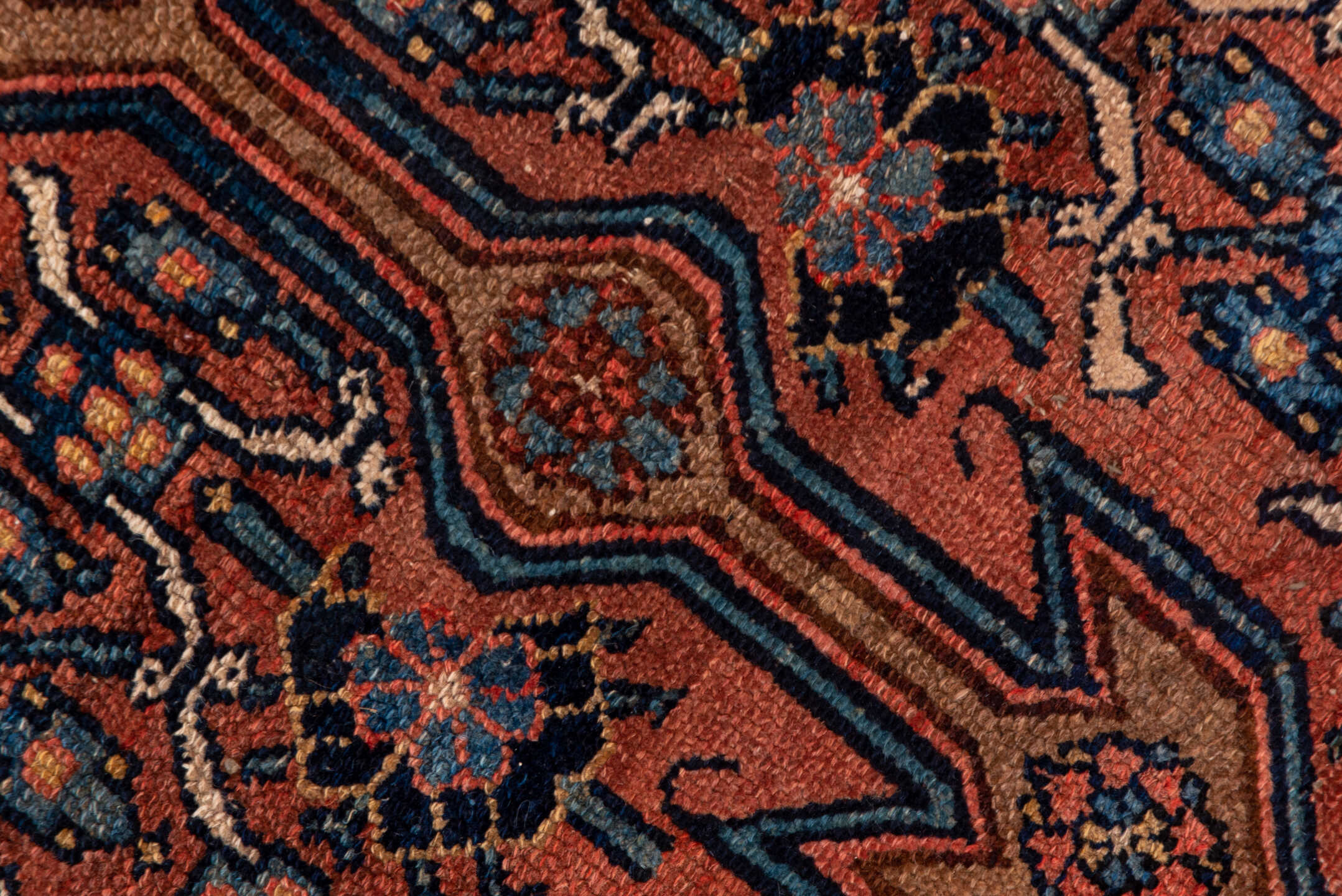 12' x 21' one-of-a-kind handmade antique Bibikabad oversize rug. Color palette: rust, navy, ivory, camel, terra cotta, slate