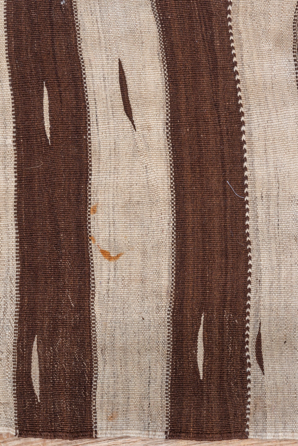 4' x 7' one-of-a-kind handmade vintage Blanket rug. Color palette: brown, gray, light gray, off-white, pink, redwood