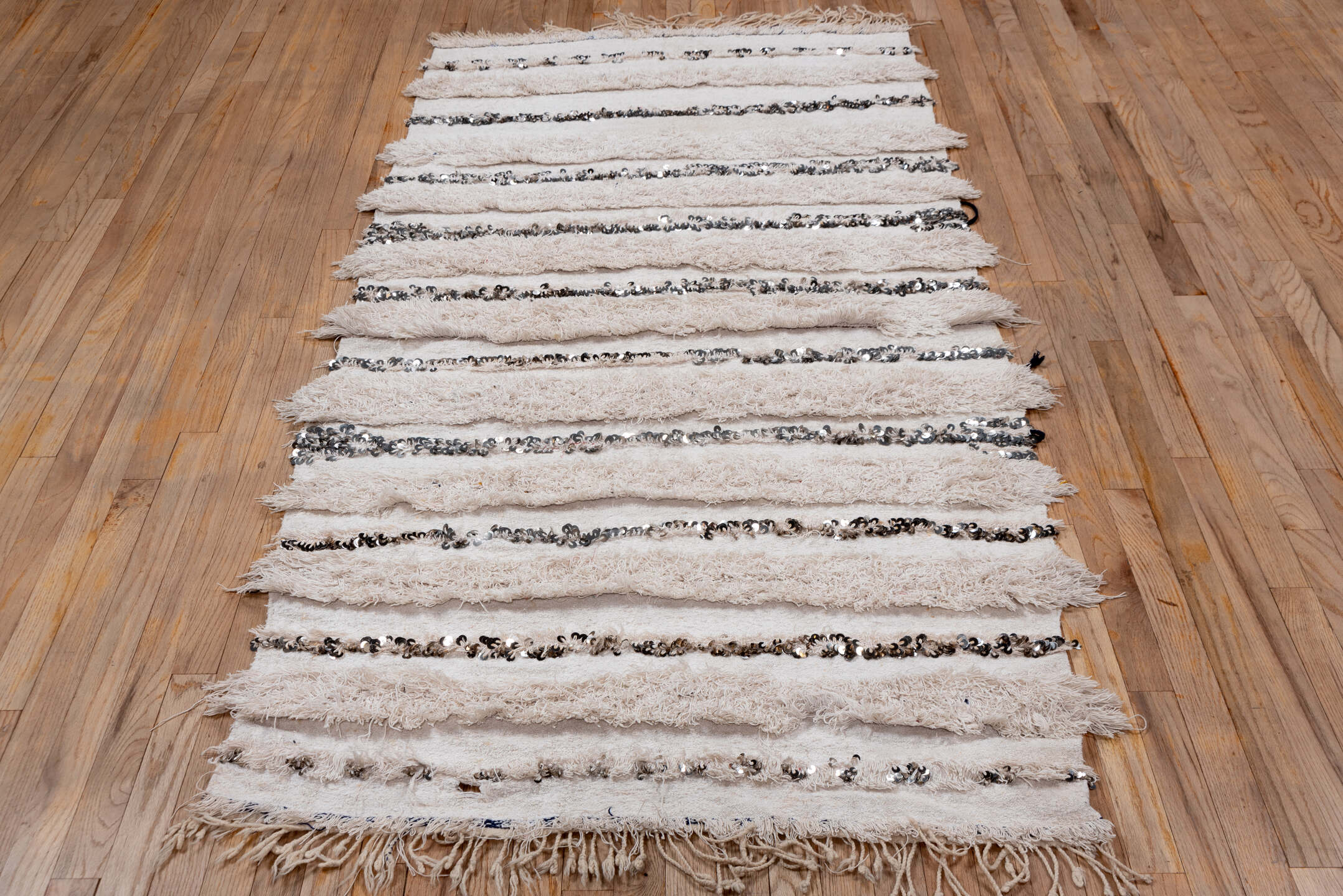 4' x 6' one-of-a-kind handmade vintage Wedding Blanket small size rug. Color palette: ivory, cream, silver, taupe, charcoal