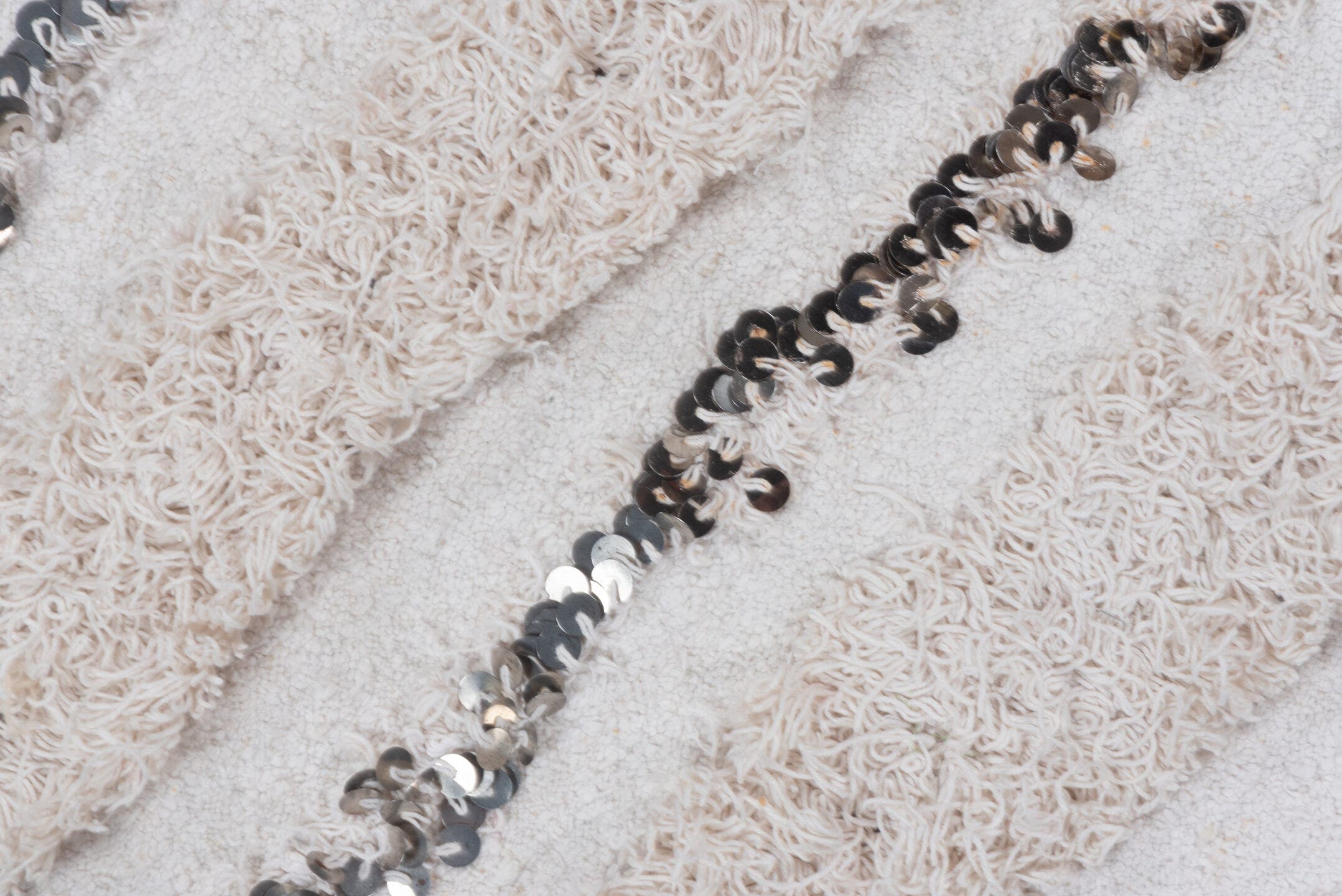 4' x 6' one-of-a-kind handmade vintage Wedding Blanket small size rug. Color palette: ivory, cream, silver, taupe, charcoal