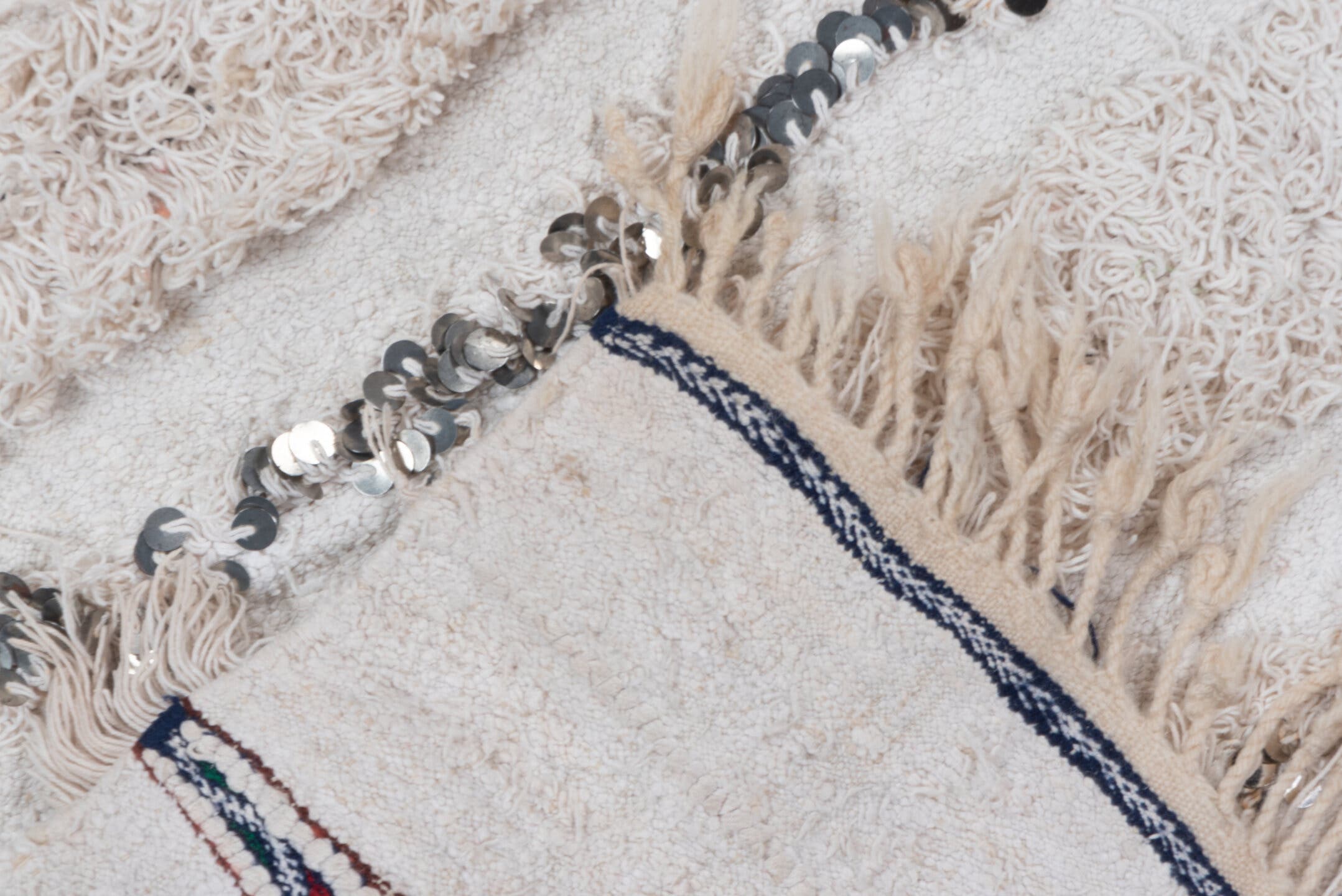 4' x 6' one-of-a-kind handmade vintage Wedding Blanket small size rug. Color palette: ivory, cream, silver, taupe, charcoal