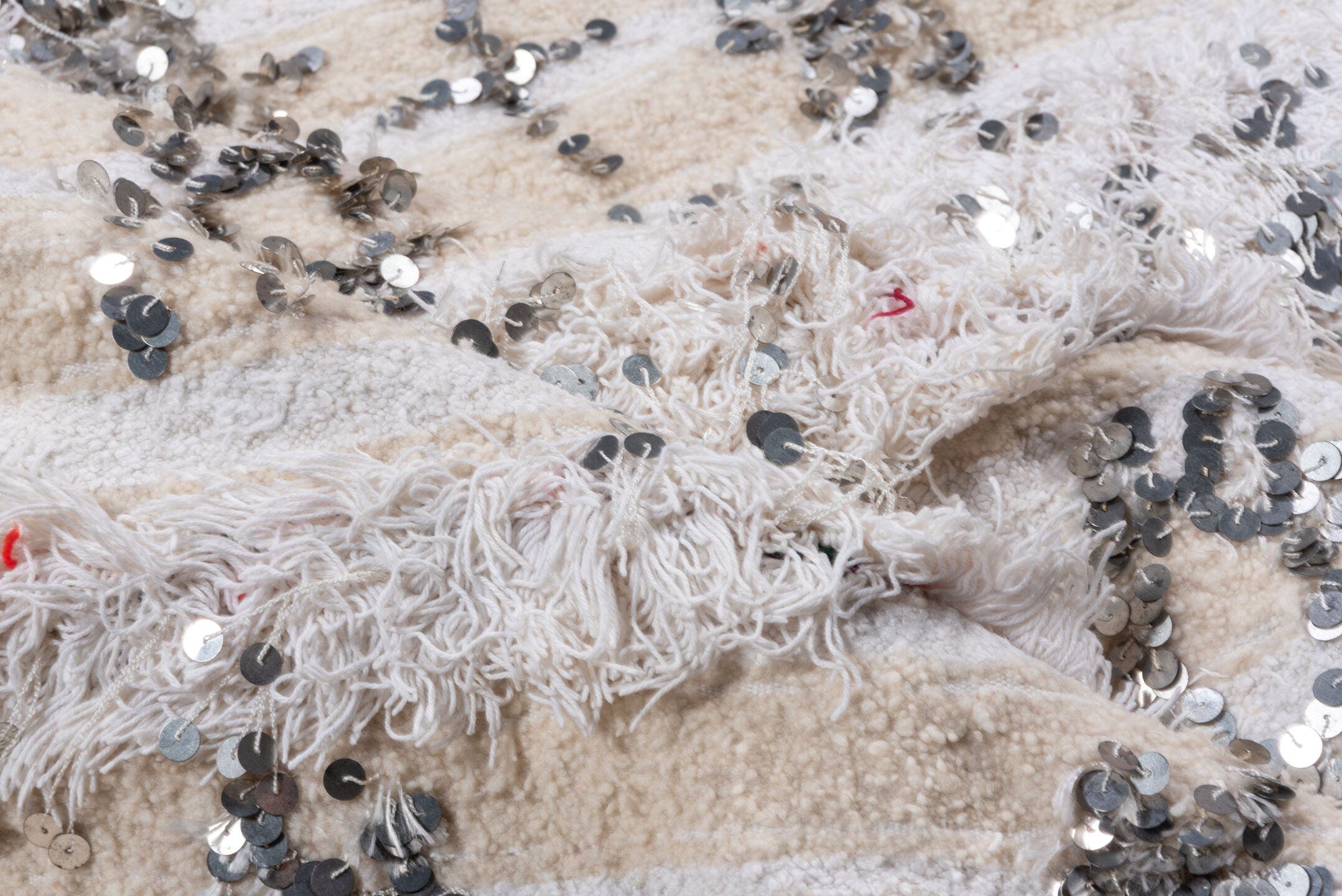 4' x 6' one-of-a-kind handmade vintage Wedding Blanket small size rug. Color palette: ivory, cream, silver, beige, gray