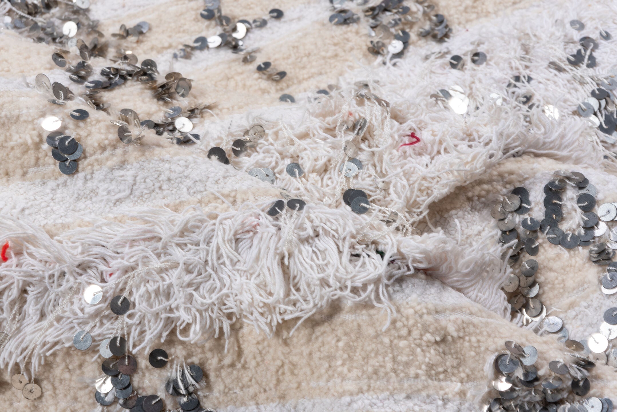 4' x 6' one-of-a-kind handmade vintage Wedding Blanket small size rug. Color palette: ivory, cream, silver, beige, gray
