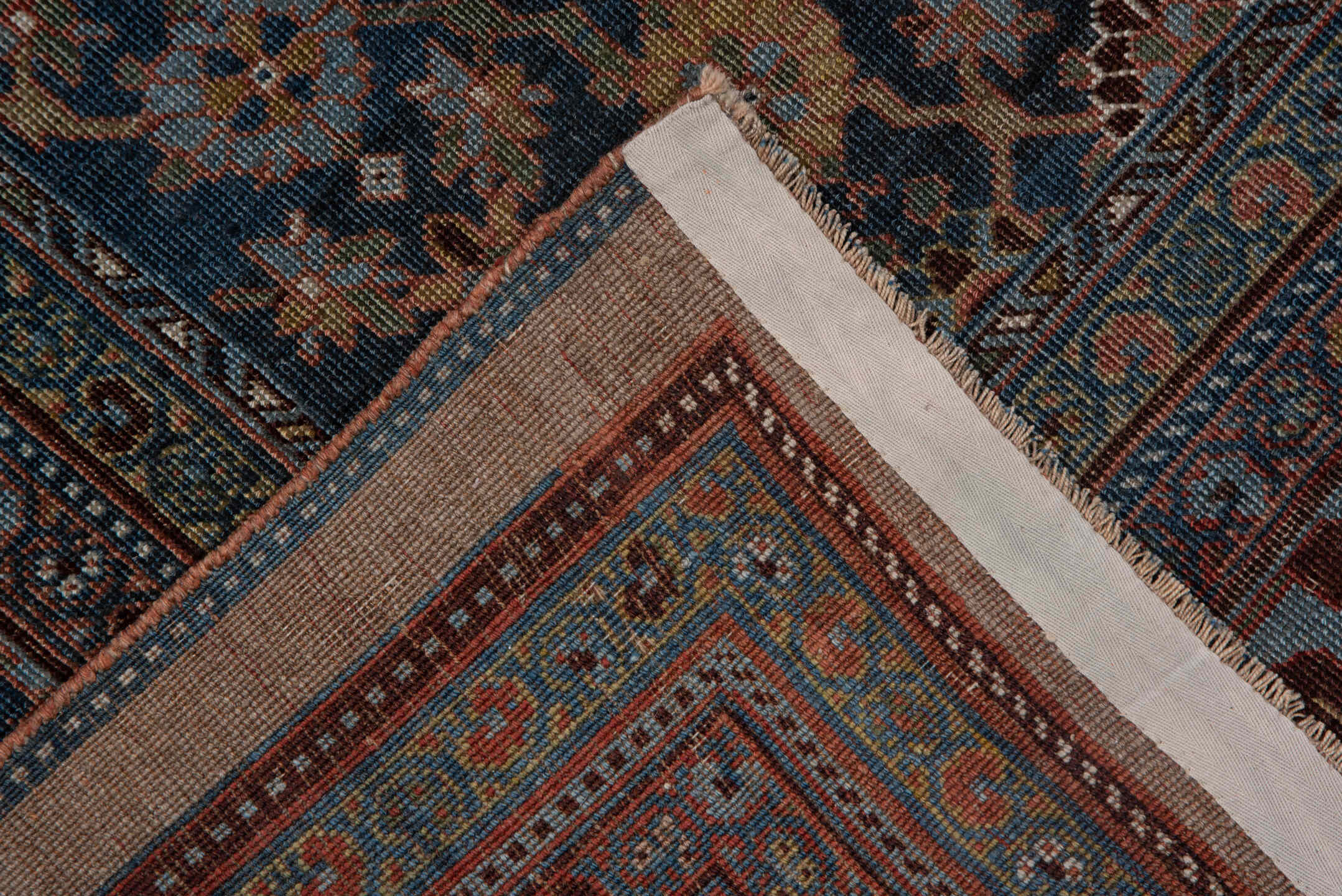 7' x 12' one-of-a-kind handmade antique Bidjar large size rug. Color palette: taupe, sky blue, indigo, rust, ivory, slate