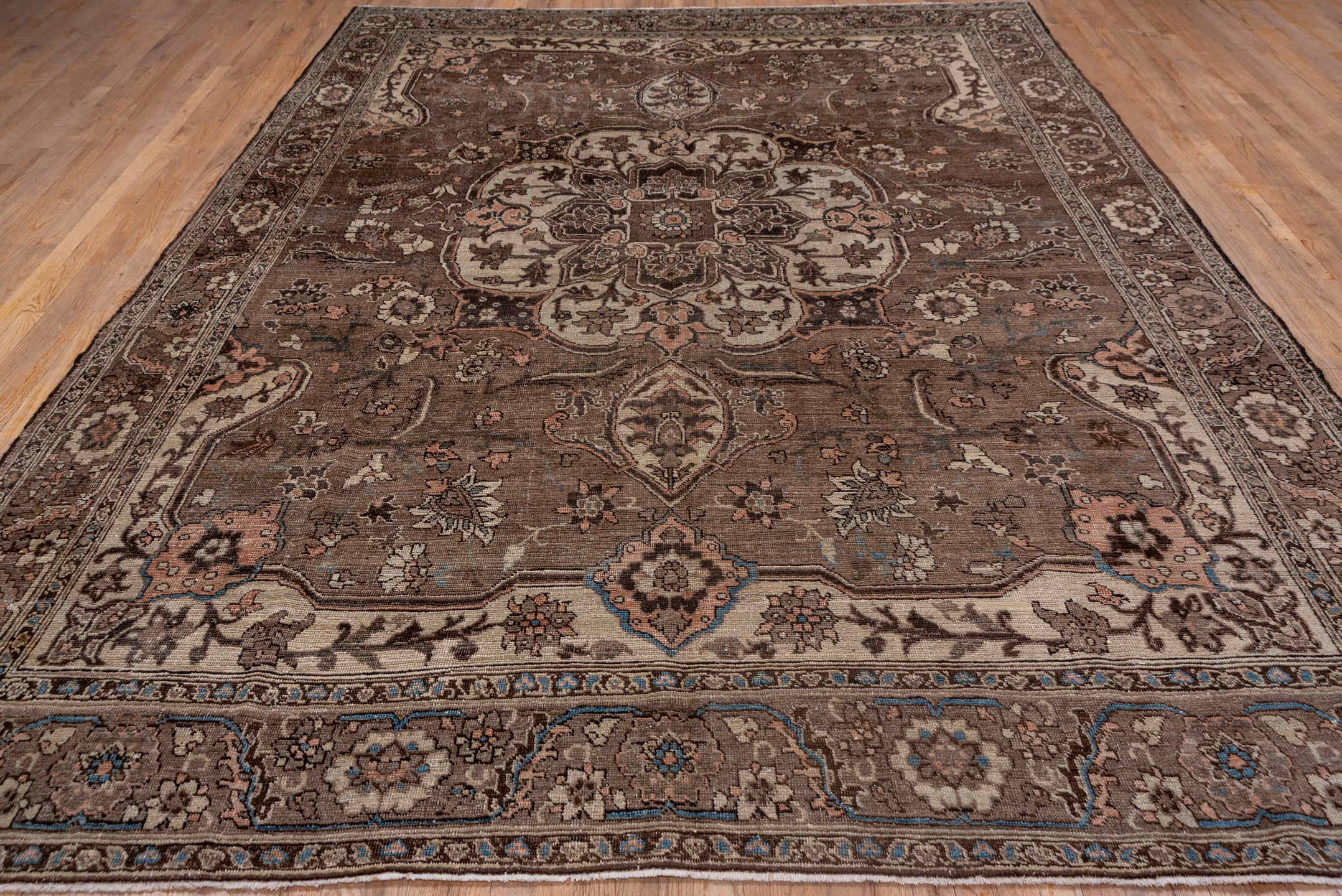 9' x 12' one-of-a-kind handmade vintage Heriz large size rug. Color palette: blue, brown, gray, light gray, off-white, pink