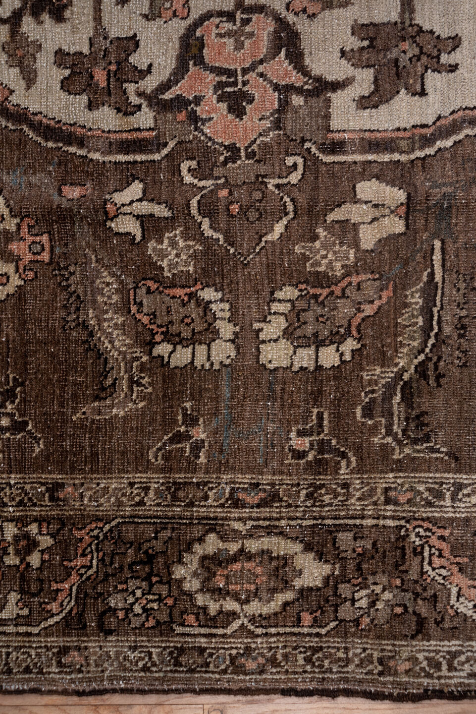 9' x 12' one-of-a-kind handmade antique Heriz large size rug. Color palette: taupe, brown, ivory, charcoal, rose, slate