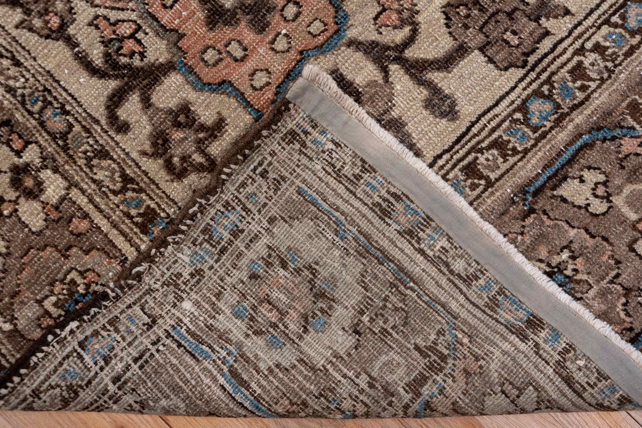 9' x 12' one-of-a-kind handmade vintage Heriz large size rug. Color palette: blue, brown, gray, light gray, off-white, pink