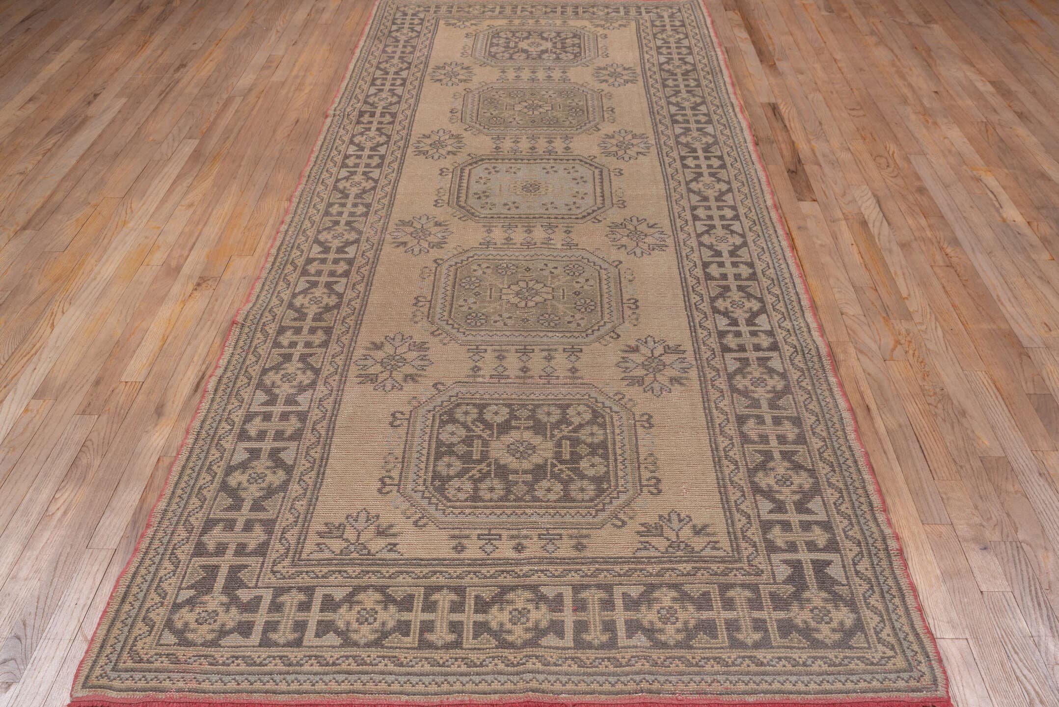 4' x 11' one-of-a-kind handmade antique Oushak runner rug. Color palette: taupe, ivory, rose, charcoal, beige, gray, pink