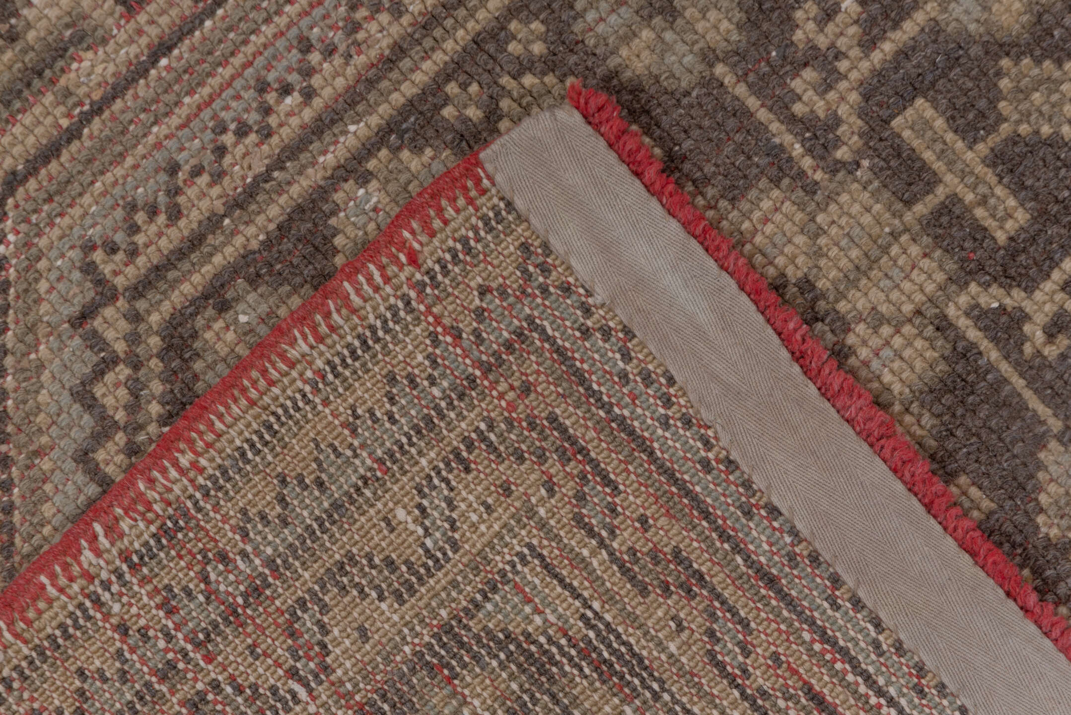 4' x 11' one-of-a-kind handmade vintage Oushak runner rug. Color palette: brown, gray, light gray, off-white, pink, snow