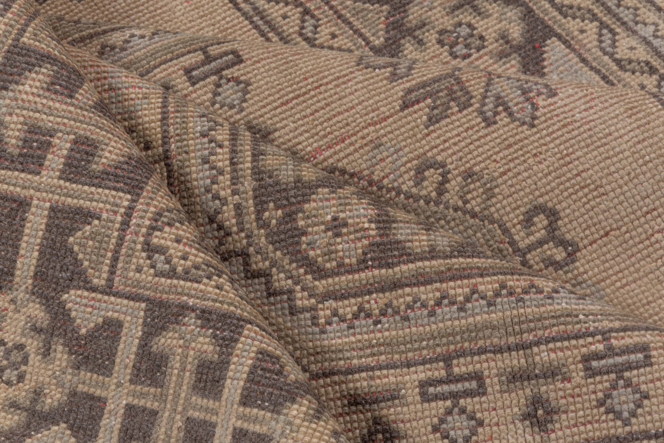 4' x 11' one-of-a-kind handmade vintage Oushak runner rug. Color palette: brown, gray, light gray, off-white, pink, snow