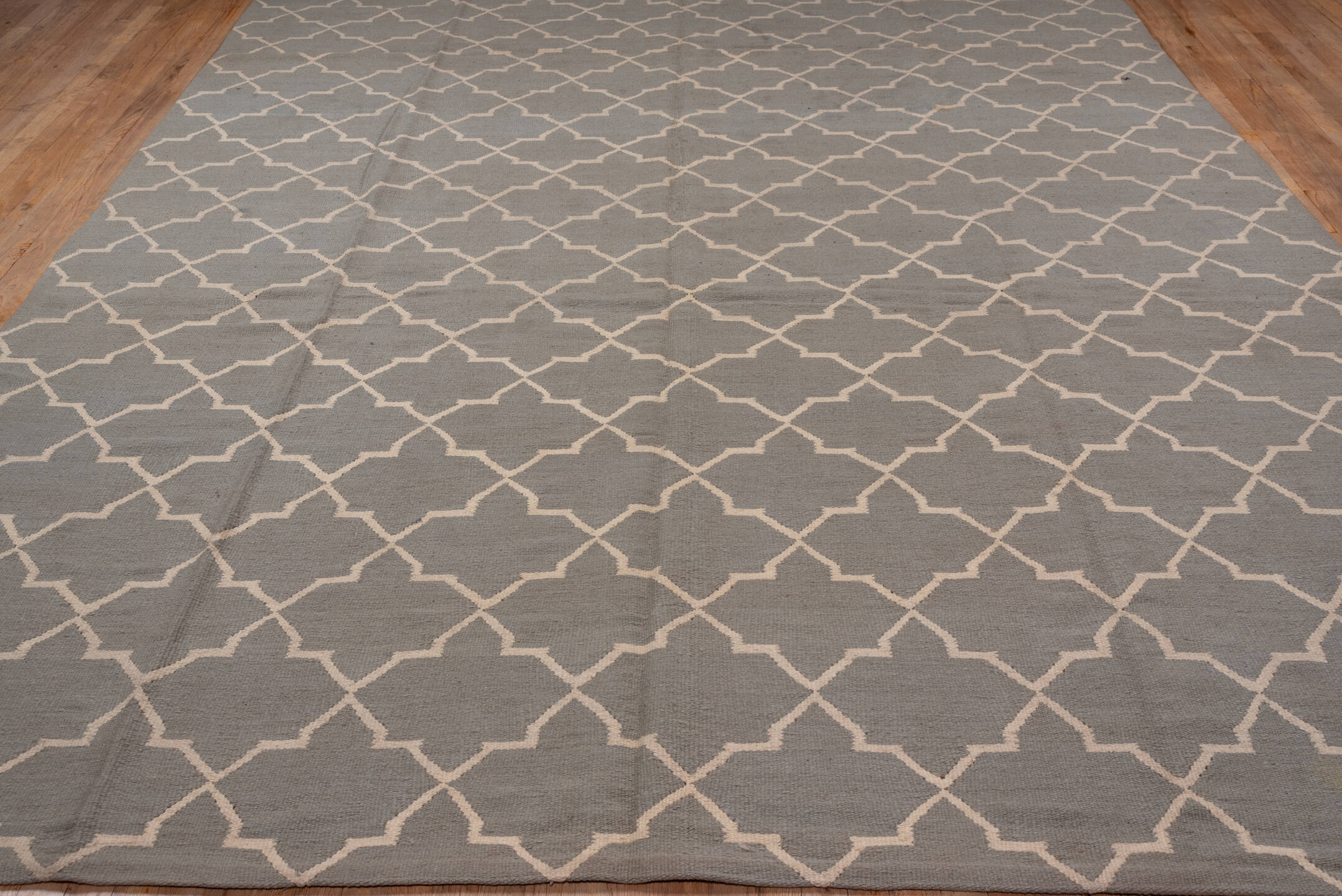 9' x 13' one-of-a-kind handmade vintage Kilim large size rug. Color palette: gray, ivory