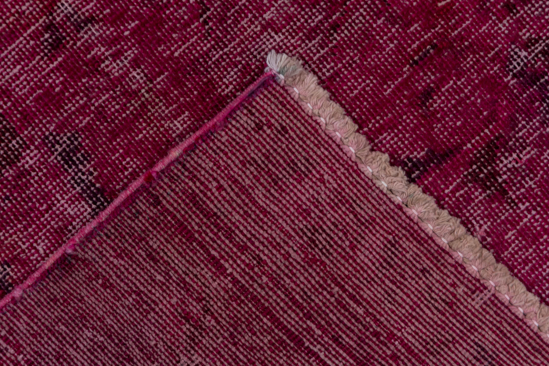 9' x 10' one-of-a-kind handmade vintage Overdyed large size rug. Color palette: brown, off-white, pink, red, snow, white