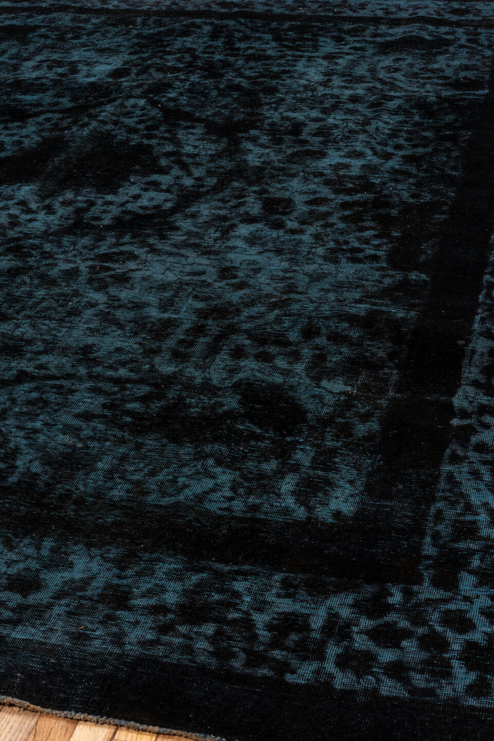 9' x 12' one-of-a-kind handmade vintage Overdyed large size rug. Color palette: arapawa, black, blue, gray