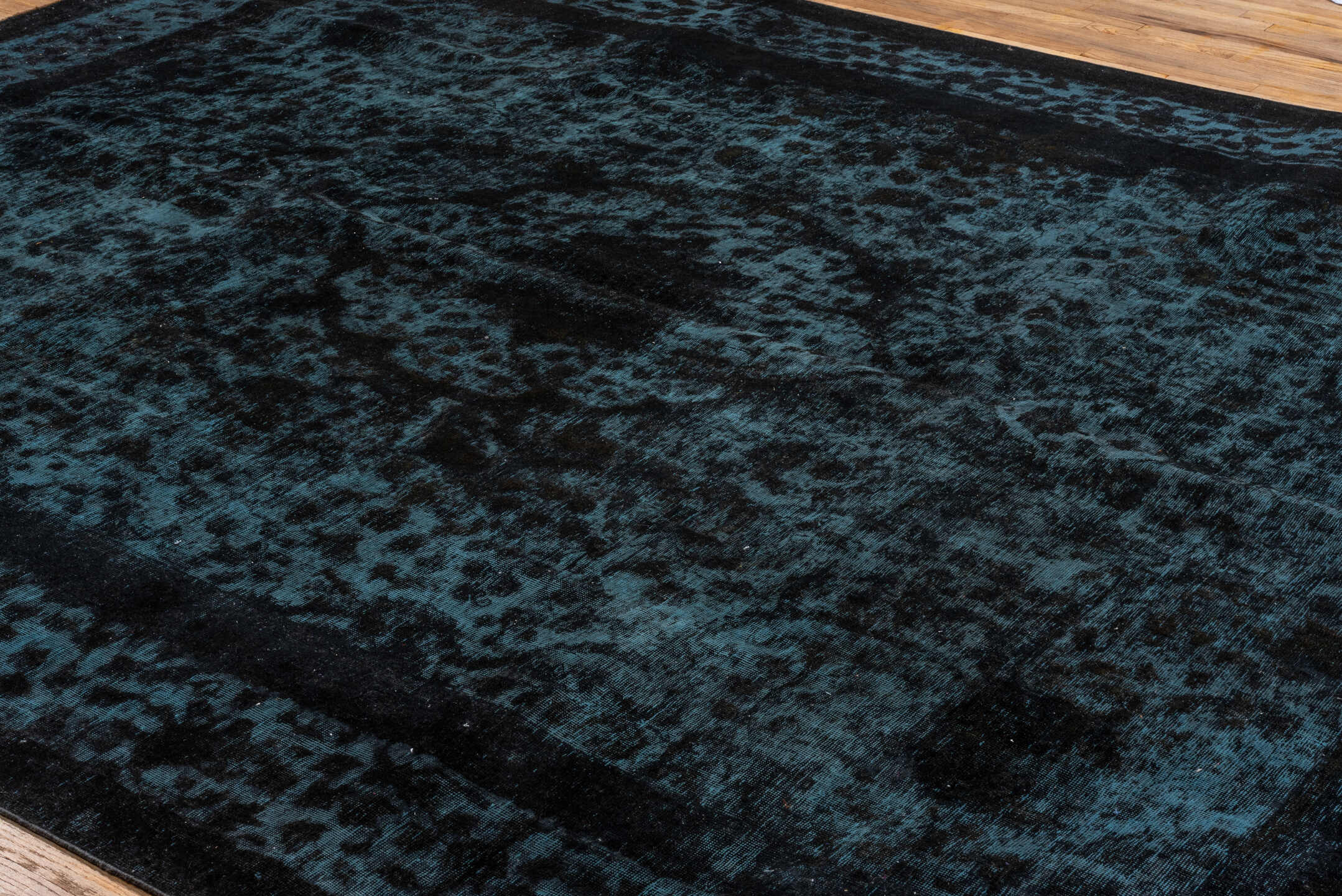 9' x 12' one-of-a-kind handmade antique Overdyed large size rug. Color palette: teal, charcoal, ink blue, slate, gray, black
