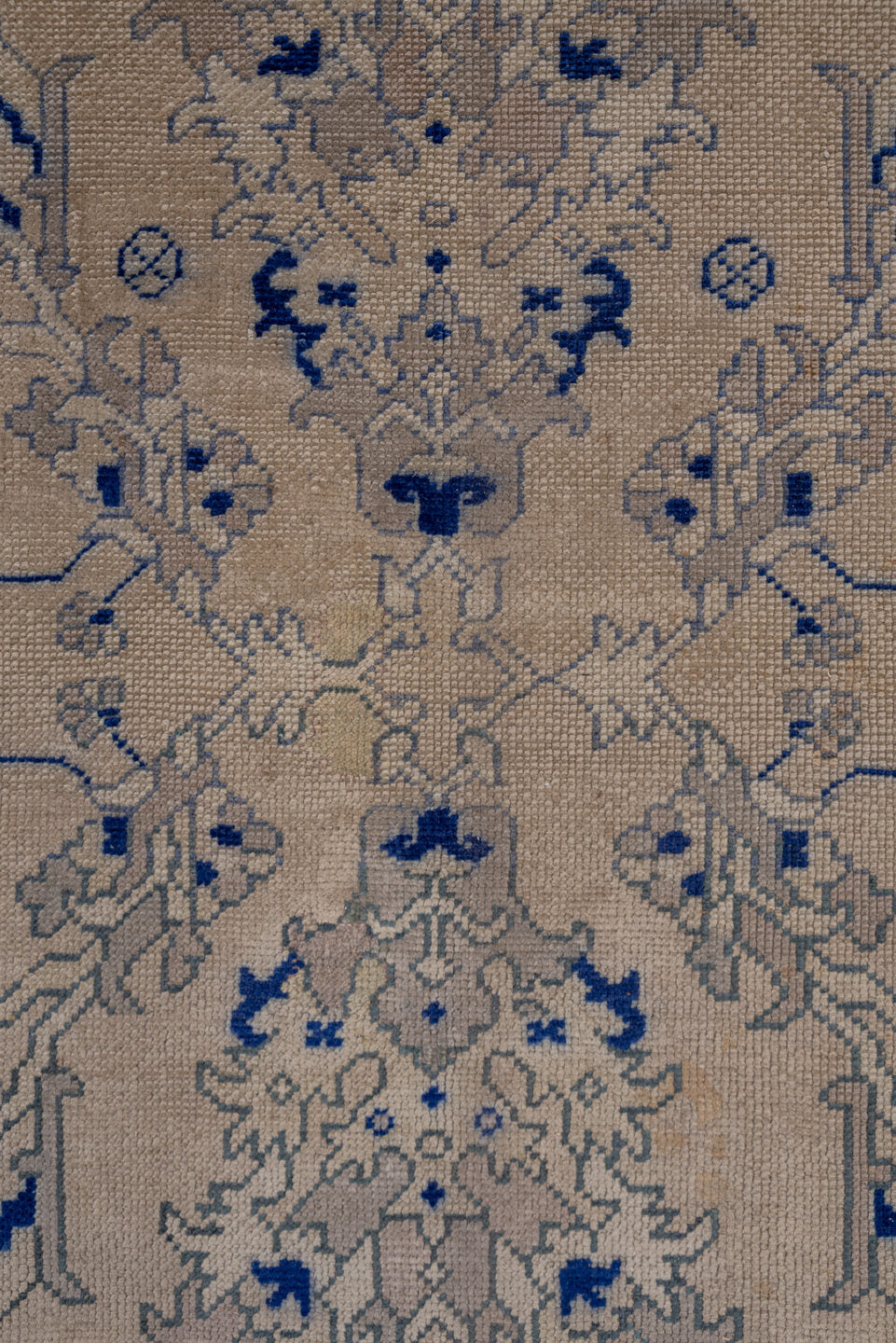 13' x 15' one-of-a-kind handmade antique Oushak oversize rug. Color palette: ivory, cobalt, beige, taupe, slate, blue, gray
