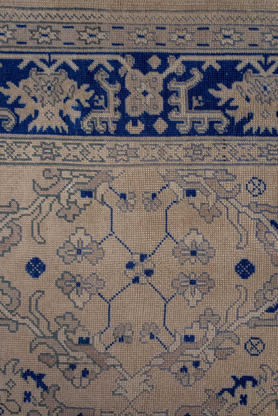 13' x 15' one-of-a-kind handmade antique Oushak oversize rug. Color palette: ivory, cobalt, beige, taupe, slate, blue, gray