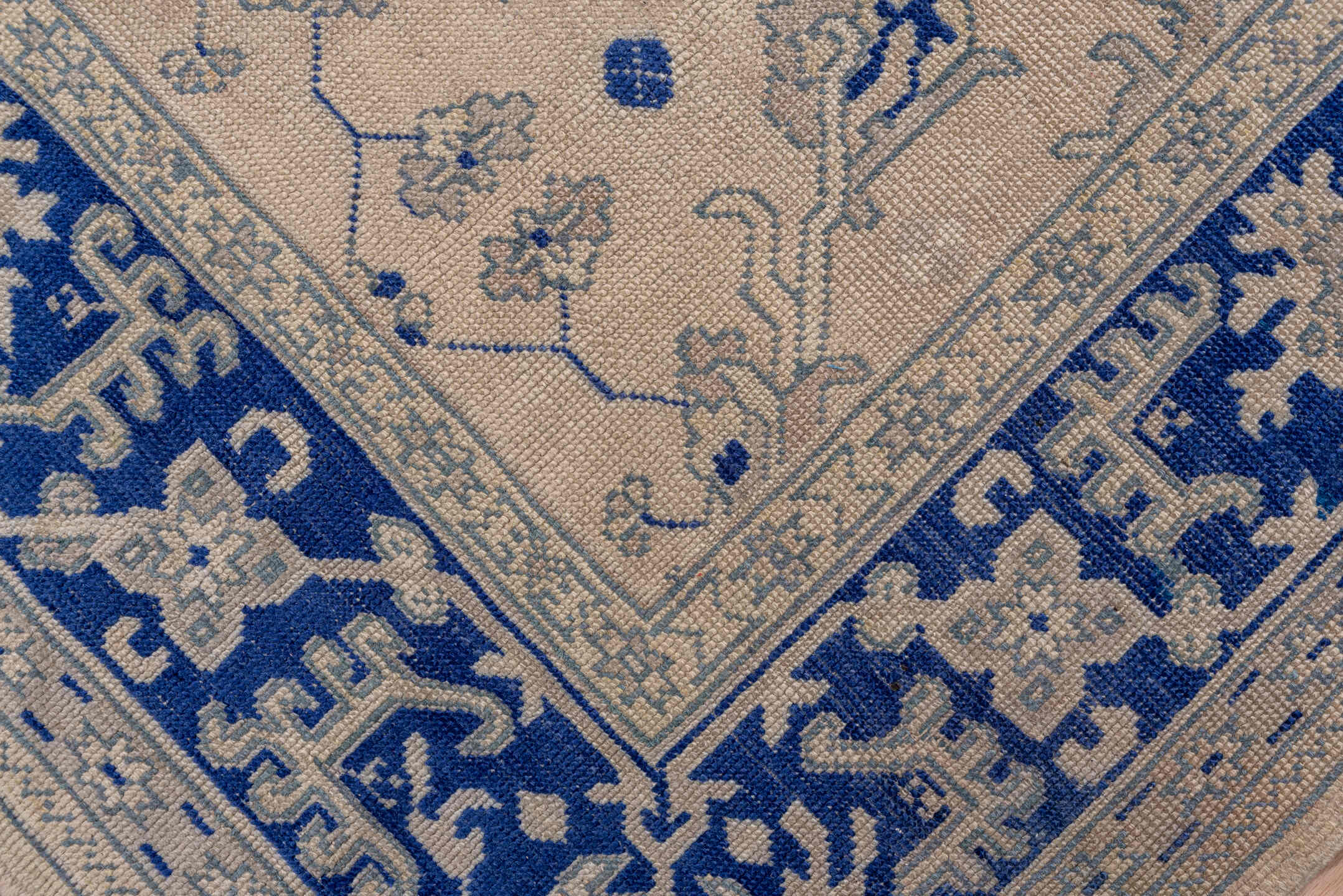 13' x 15' one-of-a-kind handmade antique Oushak oversize rug. Color palette: ivory, cobalt, beige, taupe, slate, blue, gray