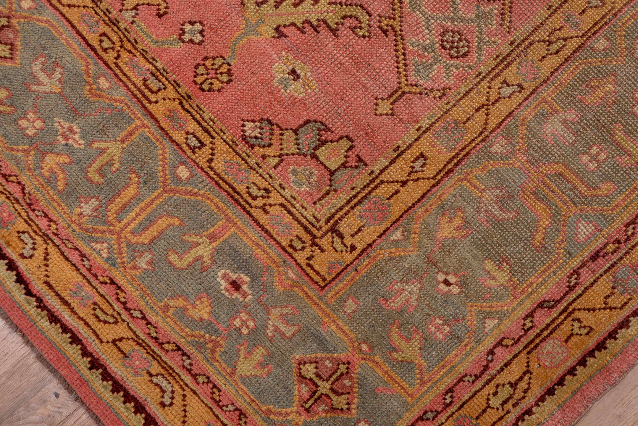 10' x 16' one-of-a-kind handmade antique Oushak rug. Color palette: rose, blue_gray, gold, sage, ivory, terra_cotta, taupe
