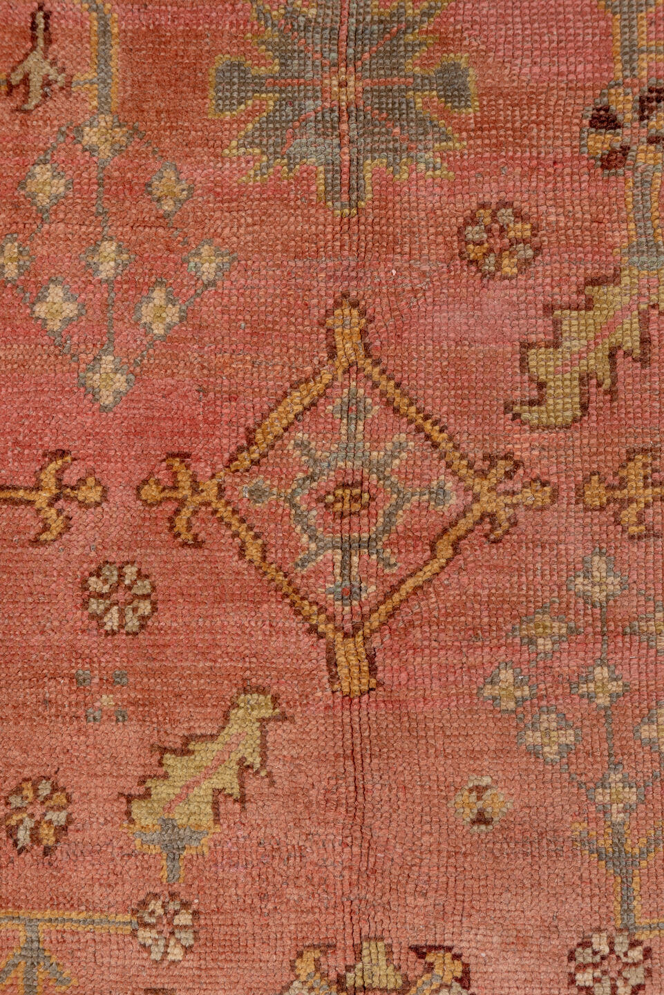 10' x 16' one-of-a-kind handmade antique Oushak rug. Color palette: rose, blue_gray, gold, sage, ivory, terra_cotta, taupe