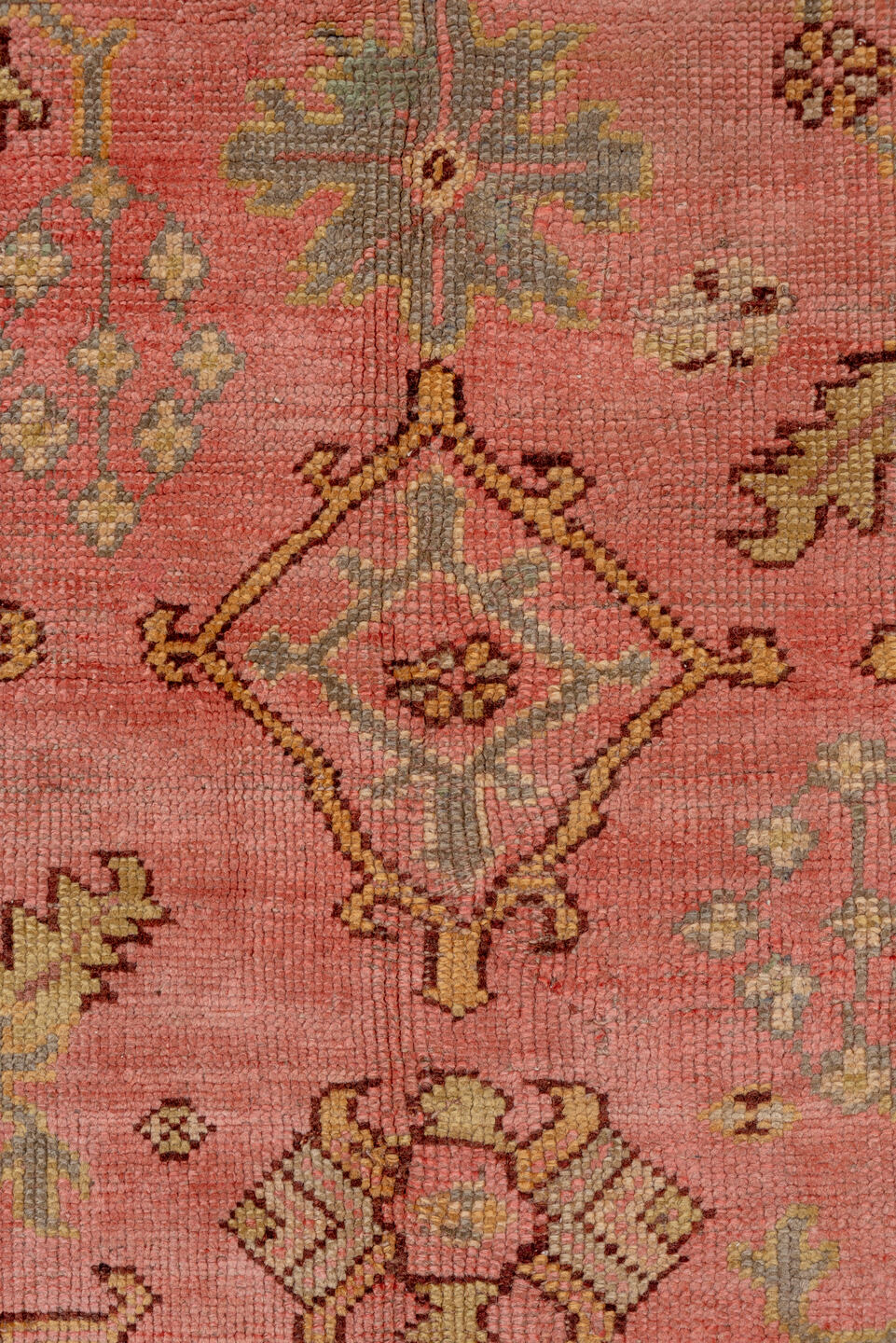 10' x 16' one-of-a-kind handmade vintage Oushak rug. Color palette: brown, gray, off-white, orange, pink, snow, white