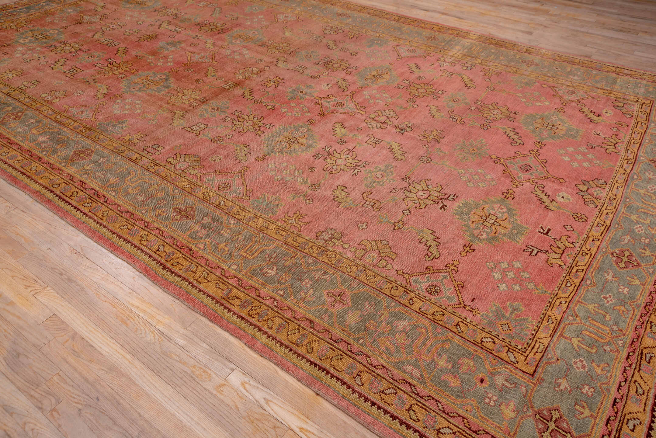 10' x 16' one-of-a-kind handmade antique Oushak rug. Color palette: rose, blue_gray, gold, sage, ivory, terra_cotta, taupe