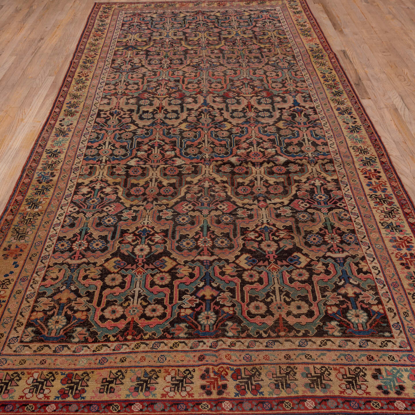 6' x 12' one-of-a-kind handmade vintage Karabagh large size rug. Color palette: black, brown, gray, pink, red