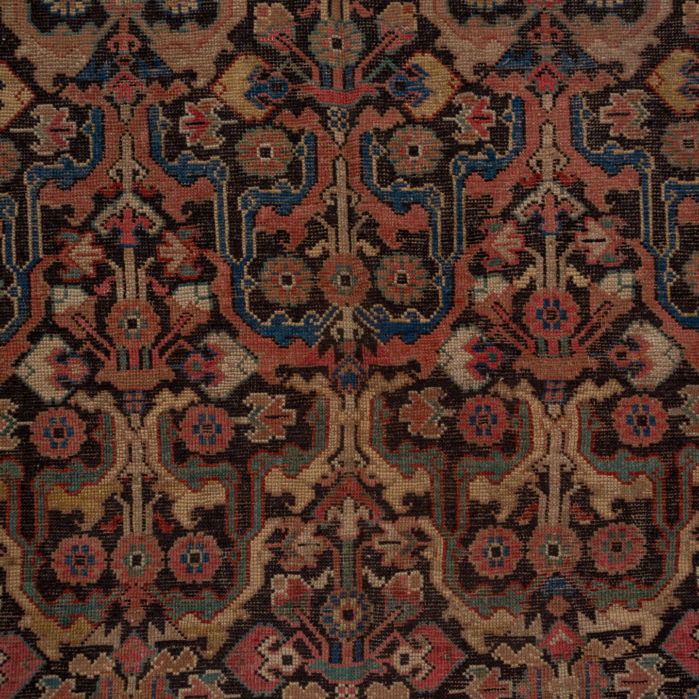 6' x 12' one-of-a-kind handmade vintage Karabagh large size rug. Color palette: black, brown, gray, pink, red
