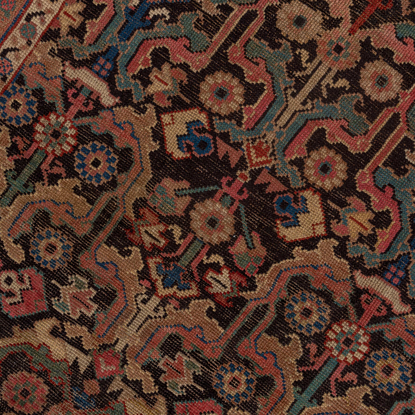 6' x 12' one-of-a-kind handmade vintage Karabagh large size rug. Color palette: black, brown, gray, pink, red