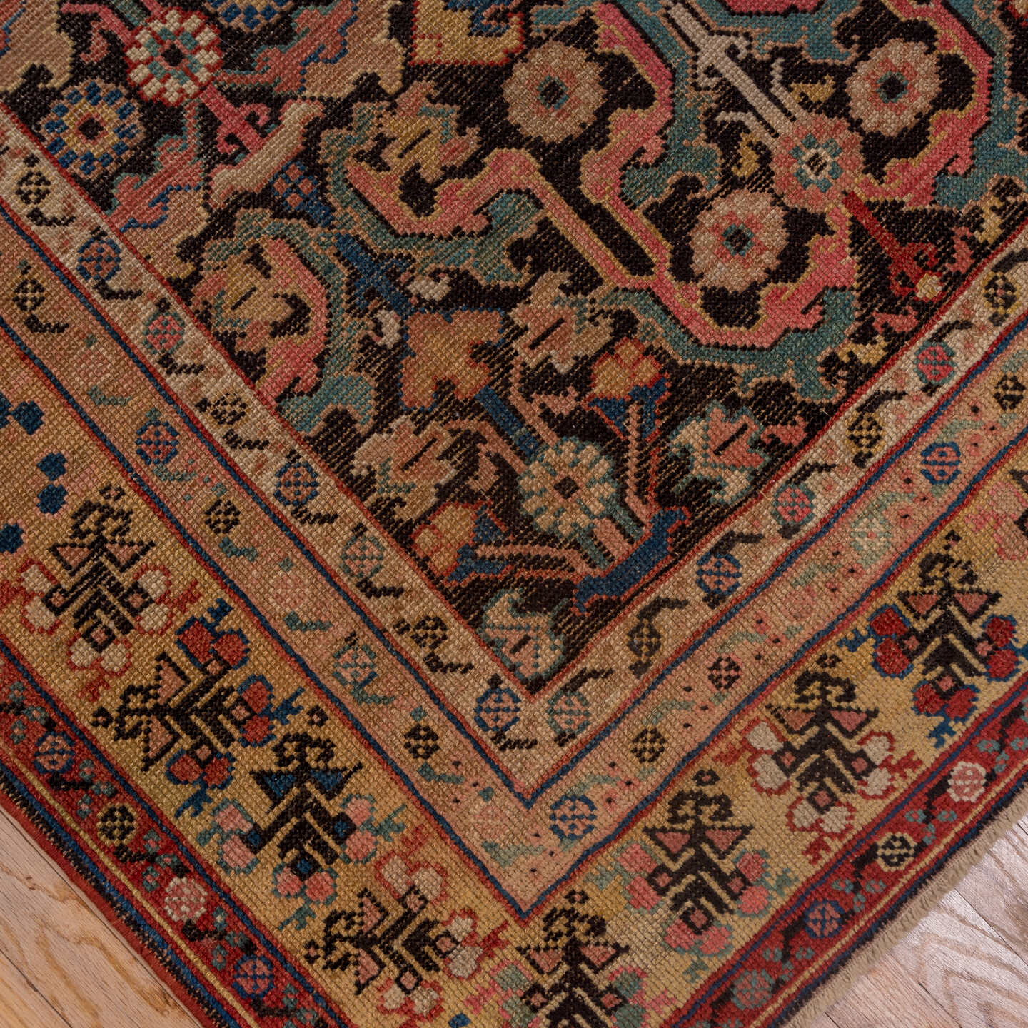 6' x 12' one-of-a-kind handmade vintage Karabagh large size rug. Color palette: black, brown, gray, pink, red