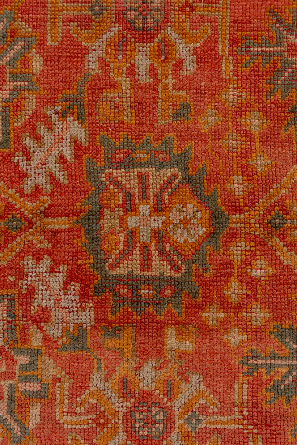 3' x 13' one-of-a-kind handmade antique Oushak runner rug. Color palette: terra cotta, rust, slate, ivory, gold, sage