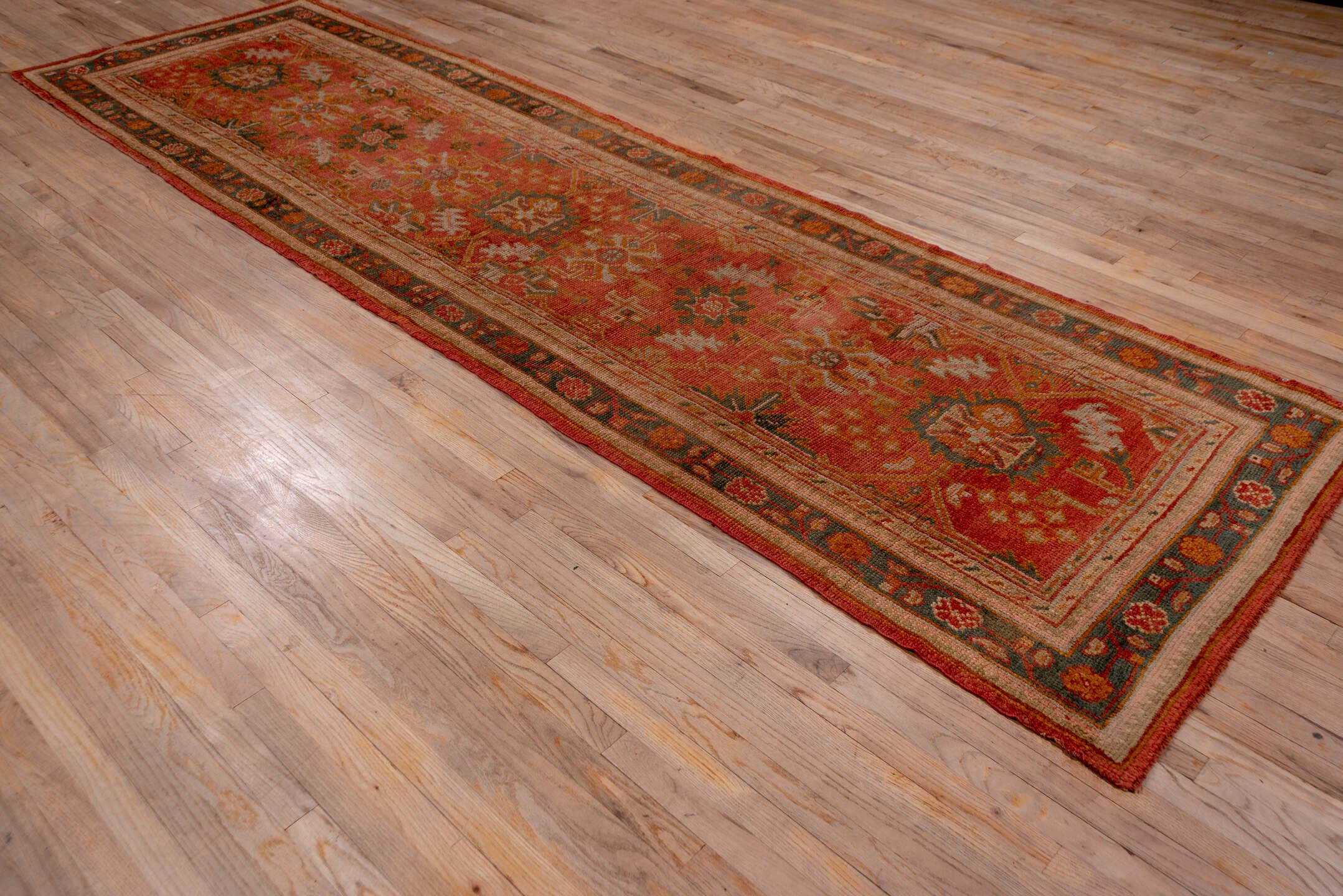 3' x 13' one-of-a-kind handmade antique Oushak runner rug. Color palette: terra cotta, rust, slate, ivory, gold, sage