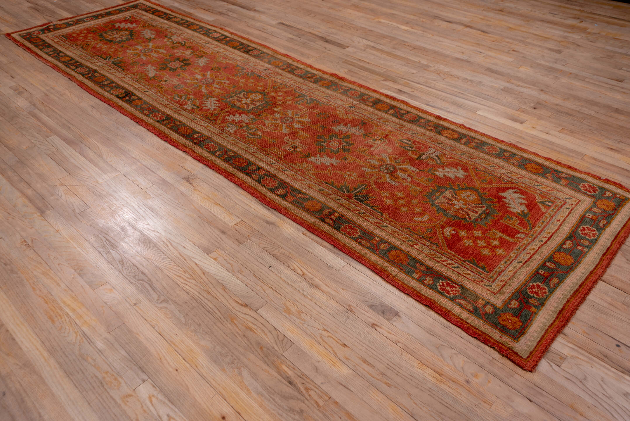 3' x 13' one-of-a-kind handmade antique Oushak runner rug. Color palette: terra cotta, rust, slate, ivory, gold, sage