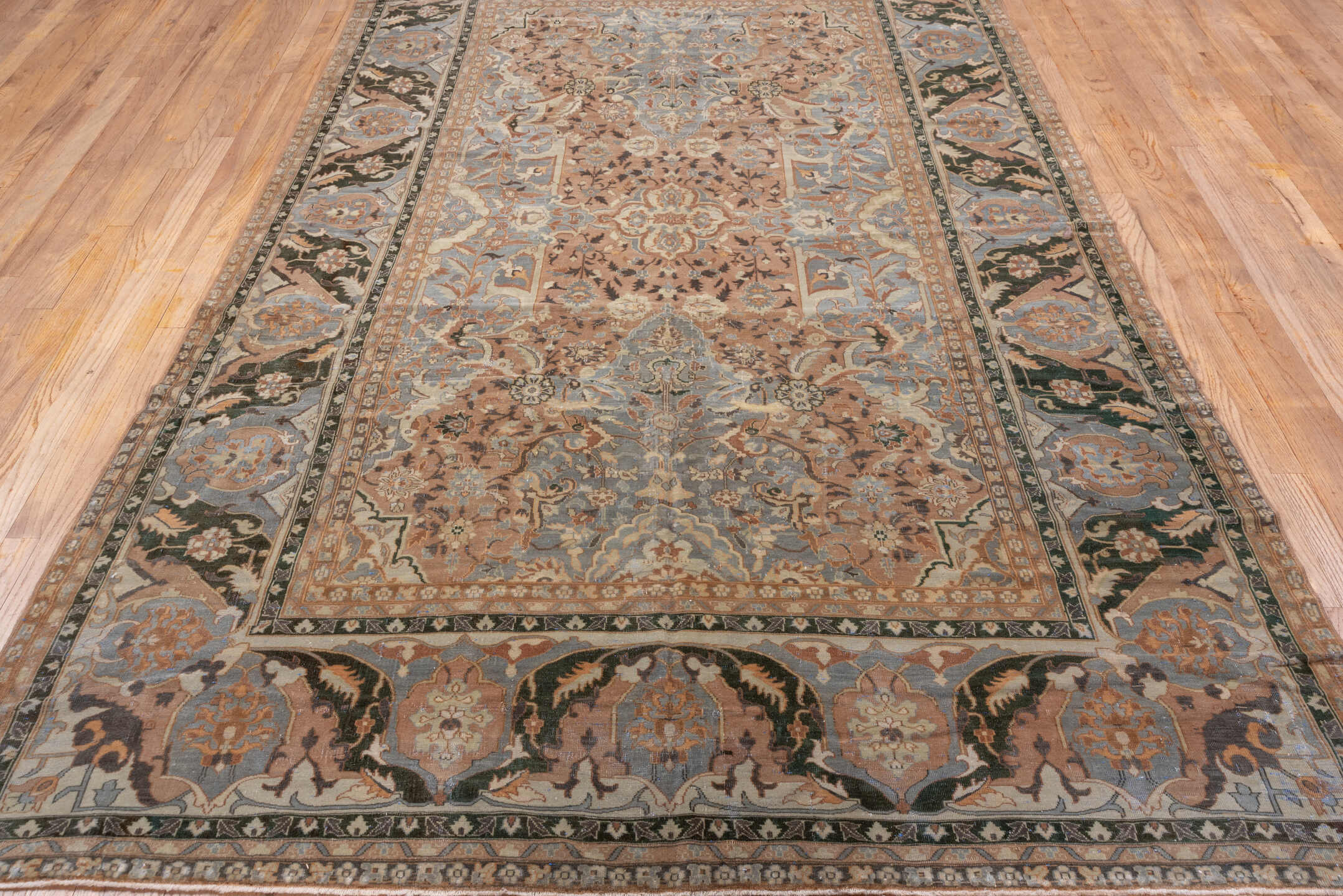 6' x 10' one-of-a-kind handmade antique Polonase large size rug. Color palette: blush, powder_blue, ivory, olive, taupe