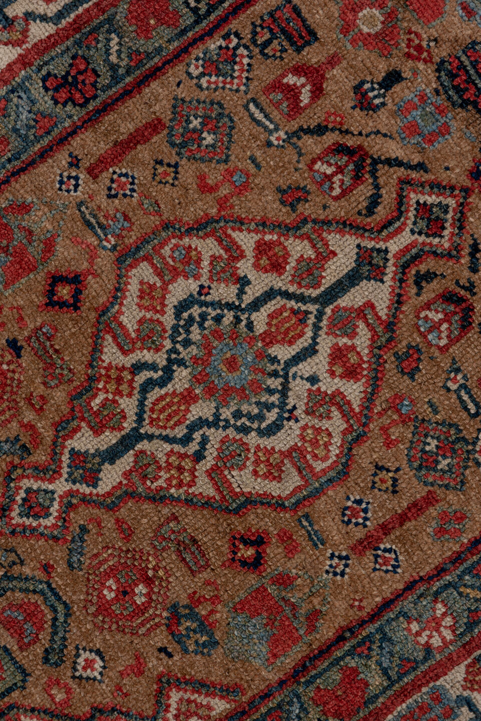 3' x 13' one-of-a-kind handmade antique Cam Hamadan runner rug. Color palette: taupe, rust, ivory, navy, terra cotta, slate