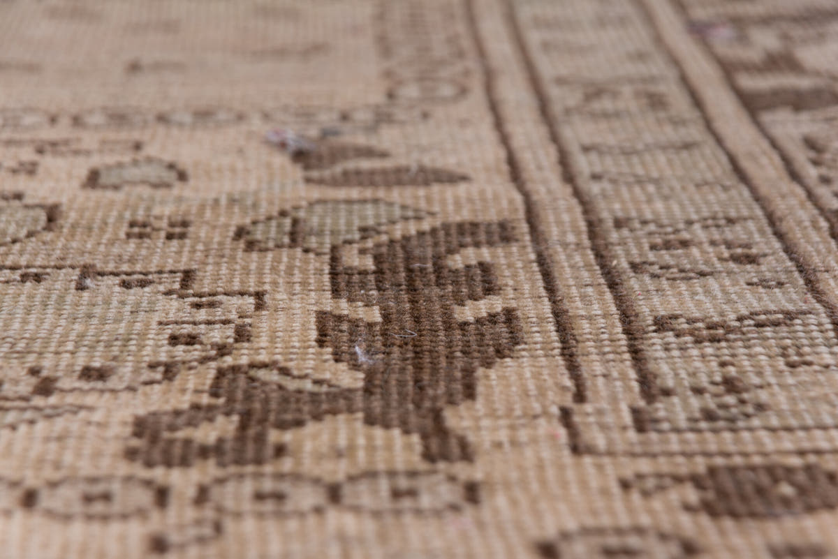 8' x 11' one-of-a-kind handmade antique Oushak large size rug. Color palette: taupe, brown, ivory, camel, charcoal, beige