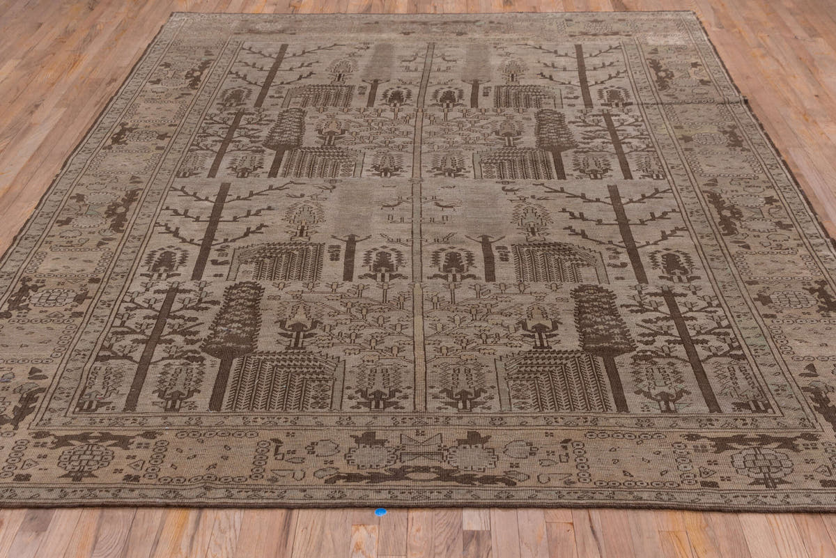 8' x 11' one-of-a-kind handmade antique Oushak large size rug. Color palette: taupe, brown, ivory, camel, charcoal, beige