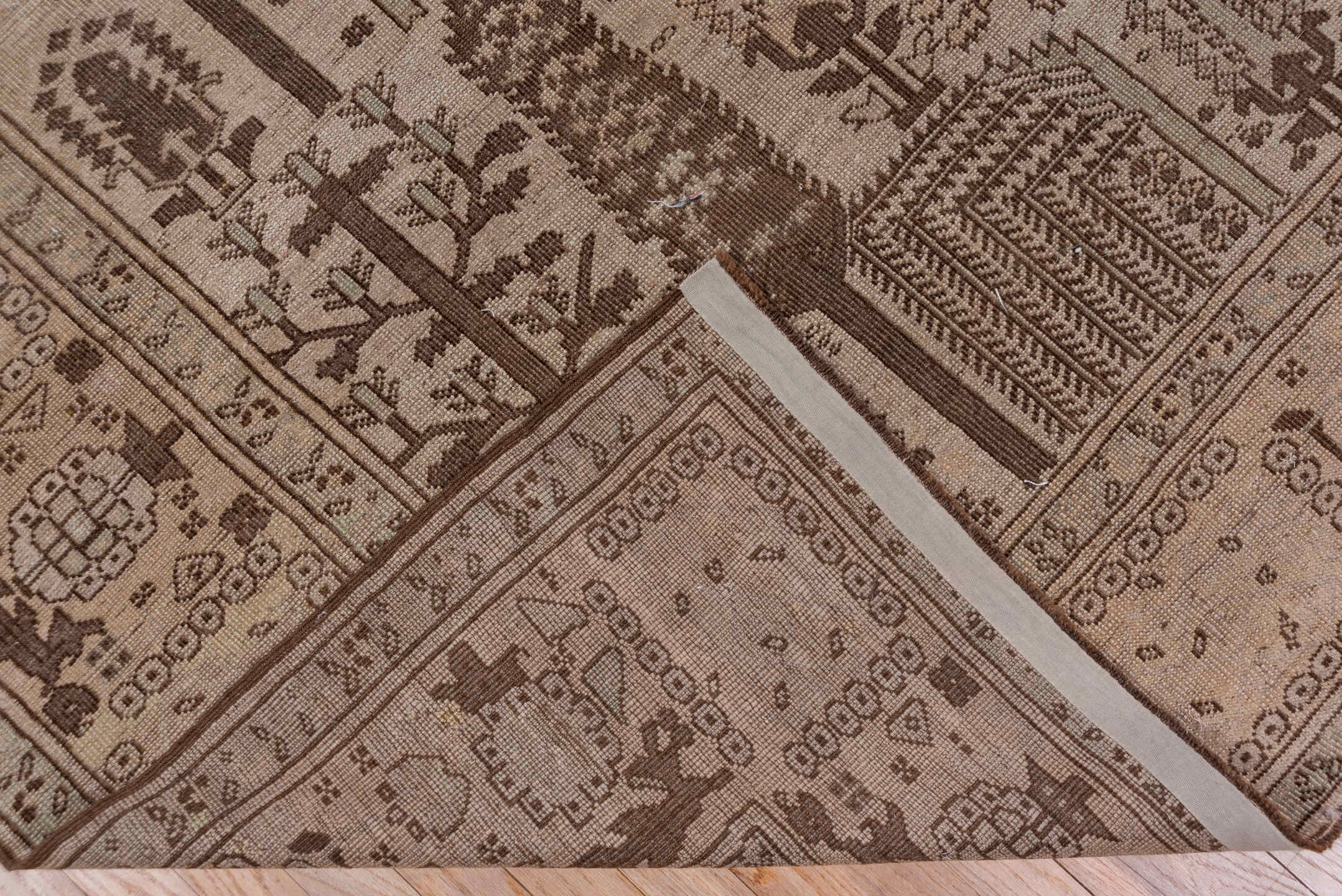 8' x 11' one-of-a-kind handmade antique Oushak large size rug. Color palette: taupe, brown, ivory, camel, charcoal, beige
