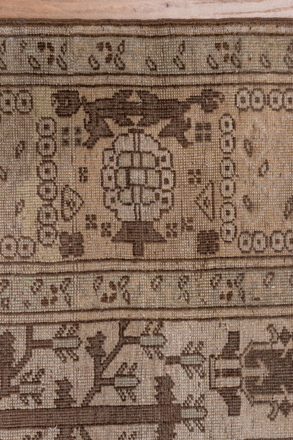 8' x 11' one-of-a-kind handmade antique Oushak large size rug. Color palette: taupe, brown, ivory, camel, charcoal, beige