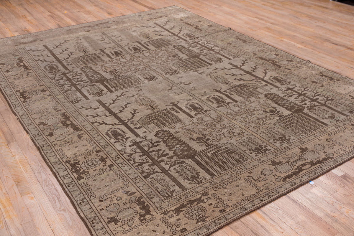 8' x 11' one-of-a-kind handmade antique Oushak large size rug. Color palette: taupe, brown, ivory, camel, charcoal, beige