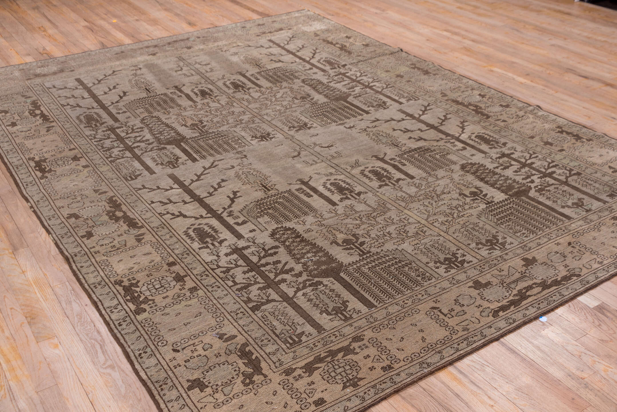 8' x 11' one-of-a-kind handmade antique Oushak large size rug. Color palette: taupe, brown, ivory, camel, charcoal, beige