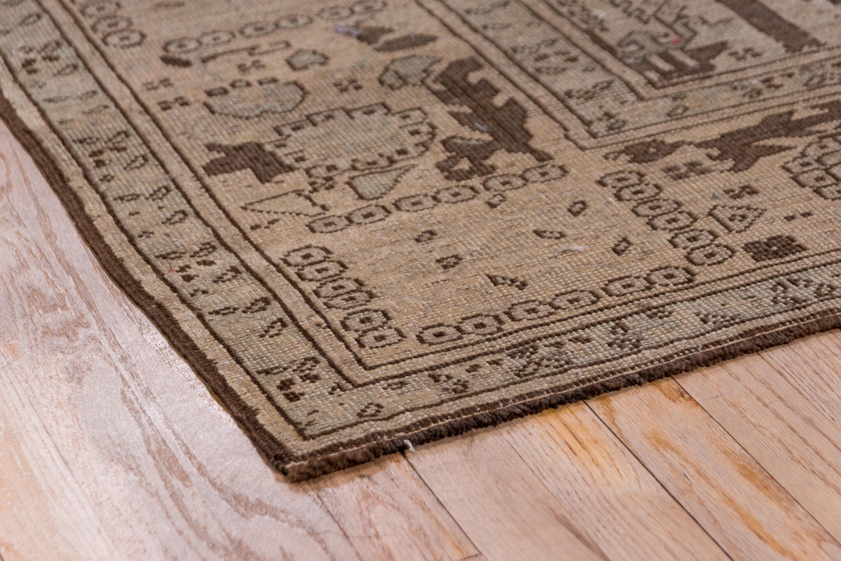 8' x 11' one-of-a-kind handmade antique Oushak large size rug. Color palette: taupe, brown, ivory, camel, charcoal, beige